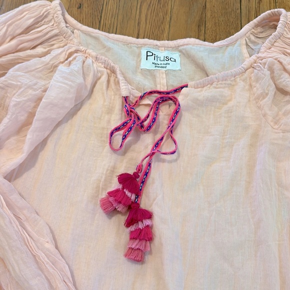 Pitusa Pea Drop-Waist Long-Sleeve primrose pink tassel coverup OS short dress - Picture 2 of 6